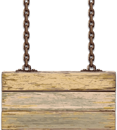 A wooden sign hanging from chains on a green background.